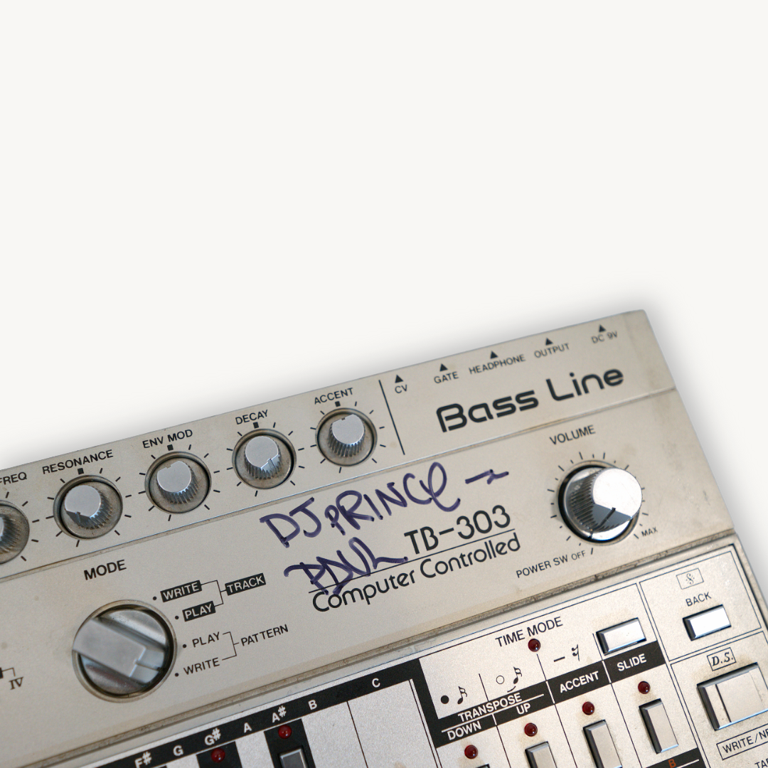 Signed Roland TB-303 synthesizer from Prince Paul’s personal studio (1990s–2000s)