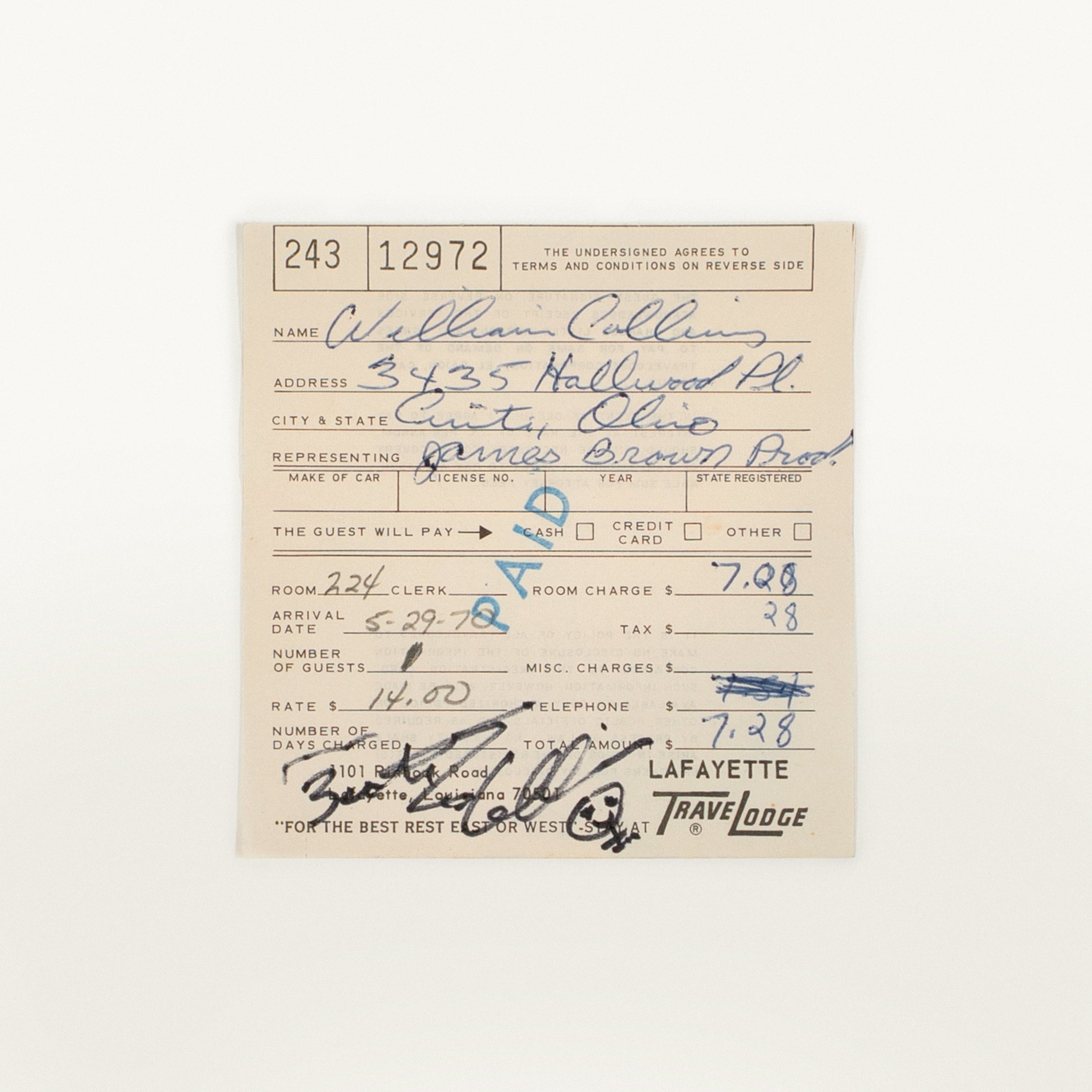 James Brown Productions Tour Hotel Invoice Signed by Bootsy Collins (1972)