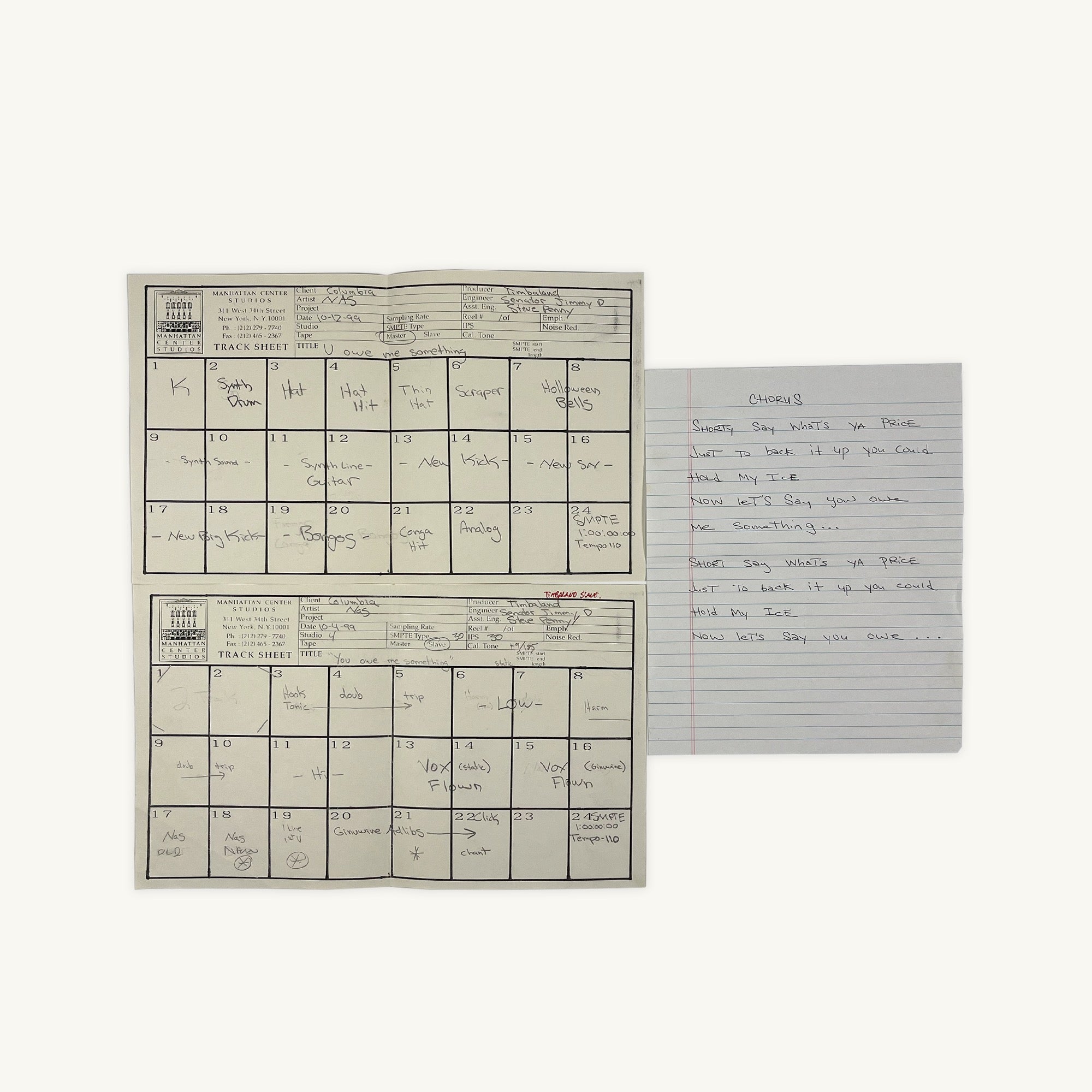 Nas feat. Ginuwine - “You Owe Me” Studio Master Package with Handwritten Lyrics