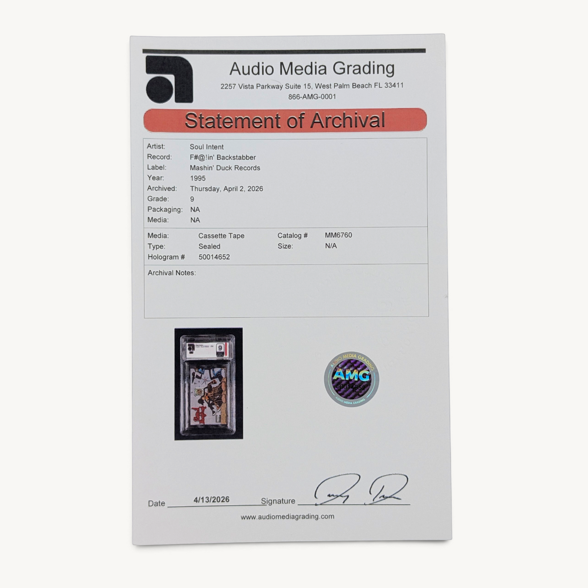 Wax Poetics AMG Statement of Archival document for a graded 9 Soul Intent cassette single featuring Eminem.