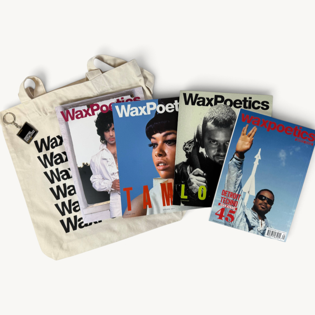 Wax Poetics Discovery Bundle featuring four music magazines, a branded canvas record tote, and a metal key ring.