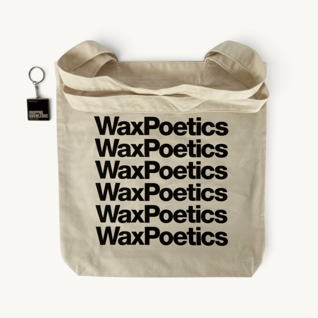 Wax Poetics branded natural canvas record tote bag with black logo print and a matching metal square key ring