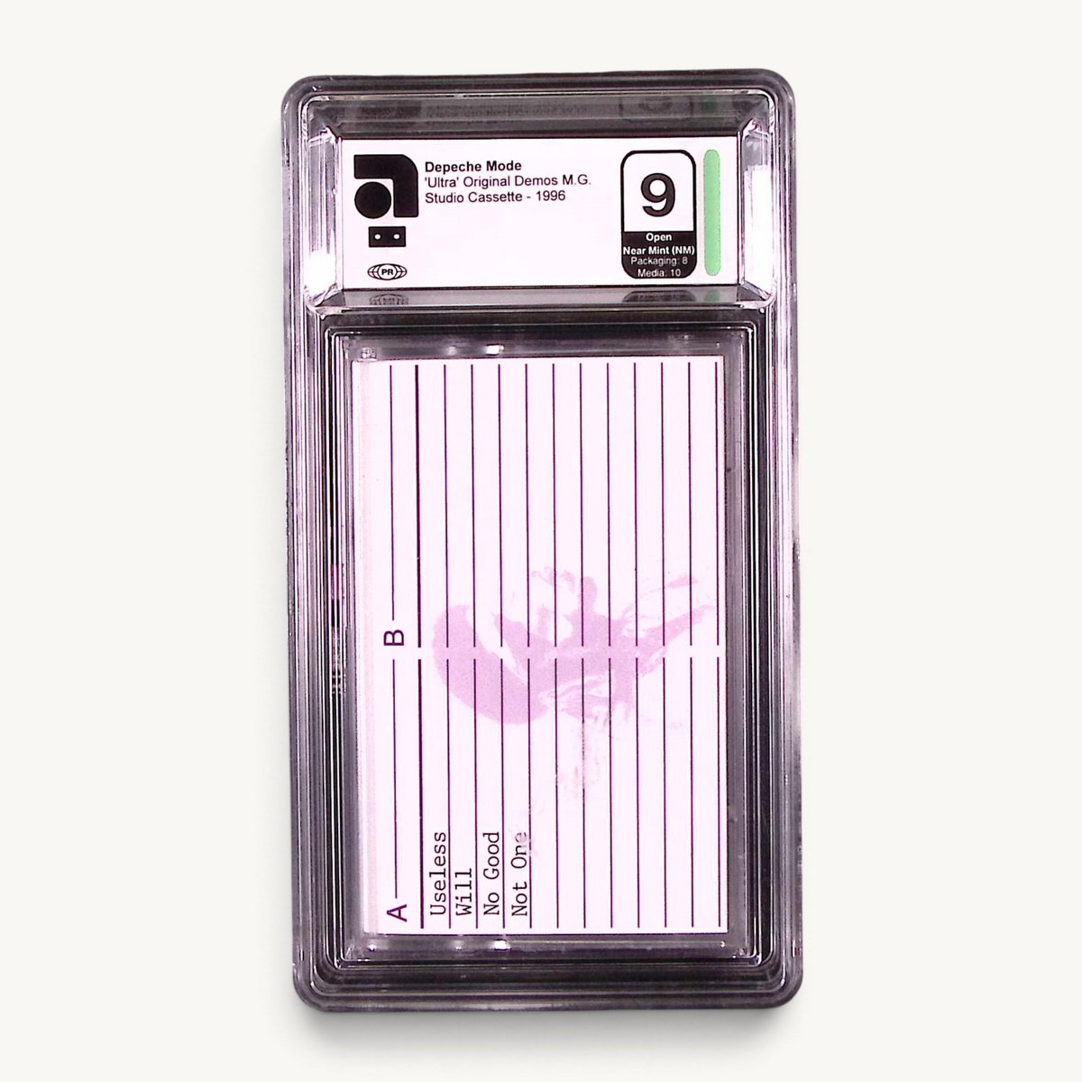 Depeche Mode Ultra original demos studio cassette in AudioMediaGrading slab, front, graded 9 Near Mint, with typed J-card track list