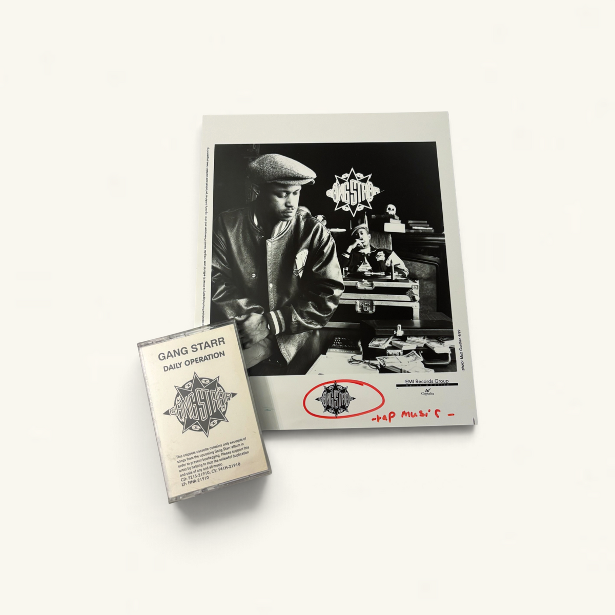 Wax Poetics Gang Starr Daily Operation press kit featuring a black and white promotional photo and music cassette.
