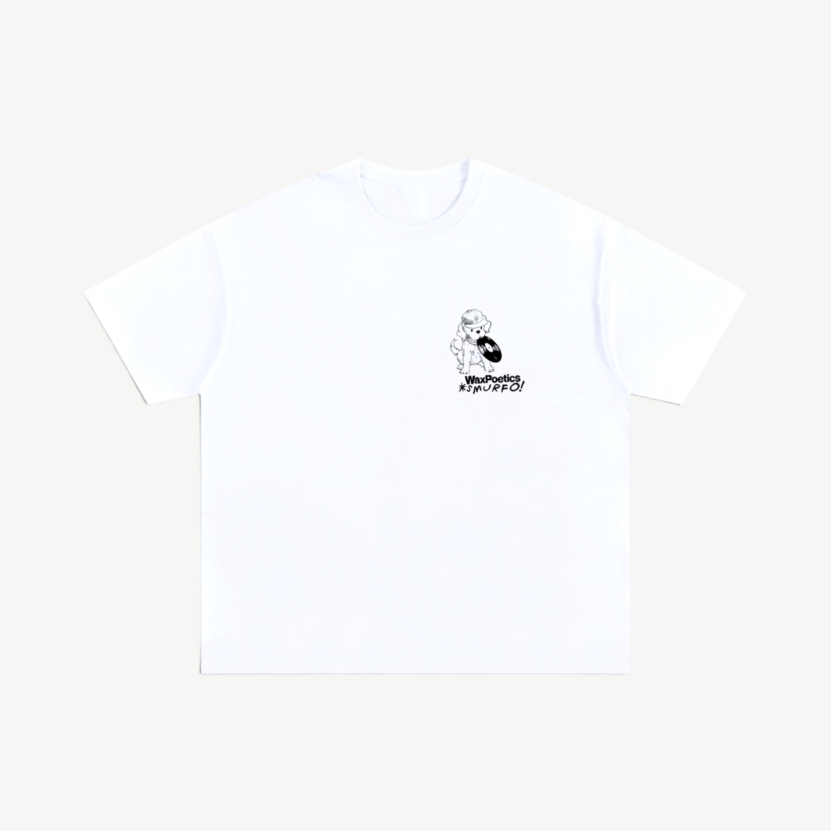 Wax Poetics white oversized cotton t-shirt with a small graphic of a character holding a vinyl record on the chest