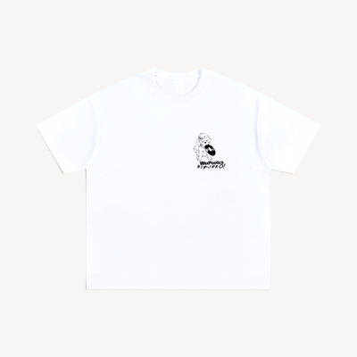 Wax Poetics white oversized cotton t-shirt with a small graphic of a character holding a vinyl record on the chest