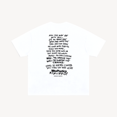 Wax Poetics white oversized cotton t-shirt featuring black graphic text print on the back