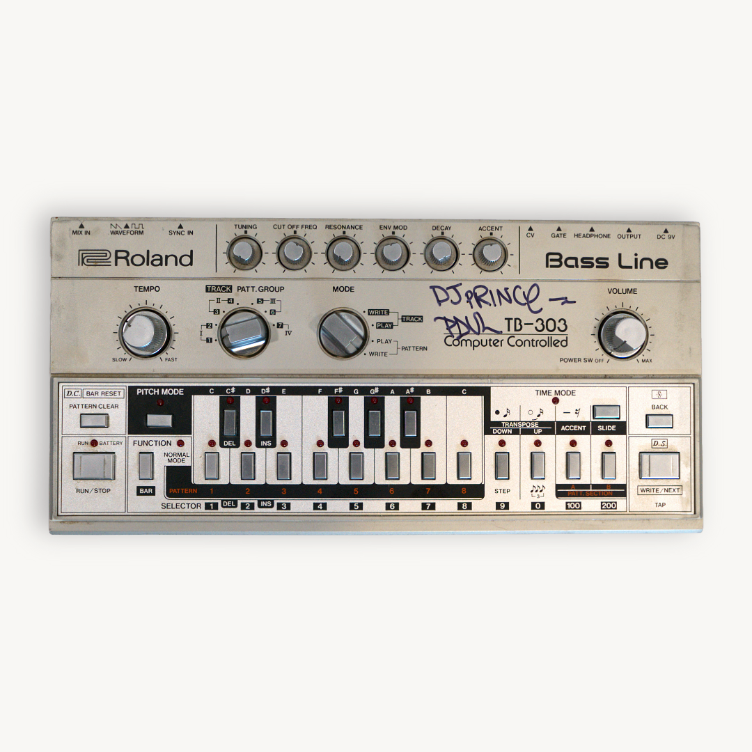 Signed Roland TB-303 synthesizer from Prince Paul’s personal studio (1990s–2000s)