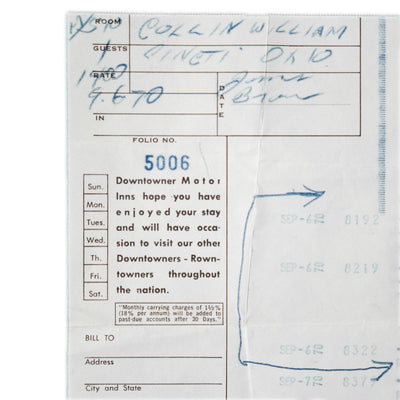 Hotel Receipt Signed by James Brown, 1970