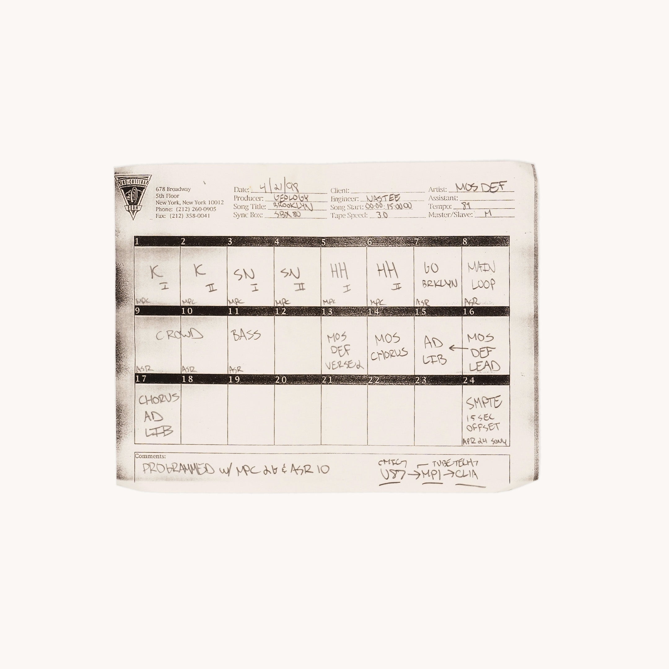 Mos Def - “Brooklyn” 2" Multitrack Reel (First Recording Session, 1998)