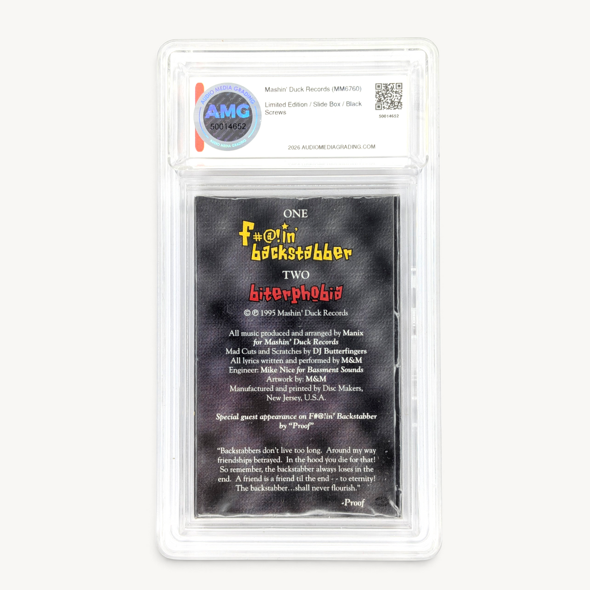 Wax Poetics sealed Soul Intent cassette single F#@!in' Backstabber graded 9 by AMG in a black slide box