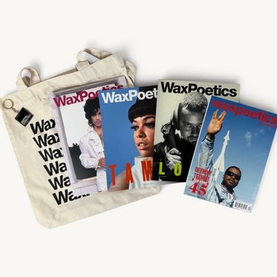 Wax Poetics Discovery Bundle featuring four music magazines, a branded canvas record tote, and a metal key ring.