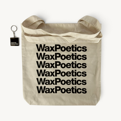 Wax Poetics branded natural canvas record tote bag with black logo print and a matching metal square key ring
