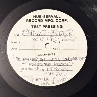 Gang Starr test pressing label with the handwritten Peace Marly / Marl in Control inscription