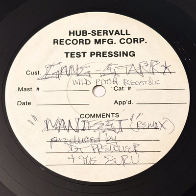 Close-up of the hand-written Hub-Servall test pressing label, Manifest (Remix)