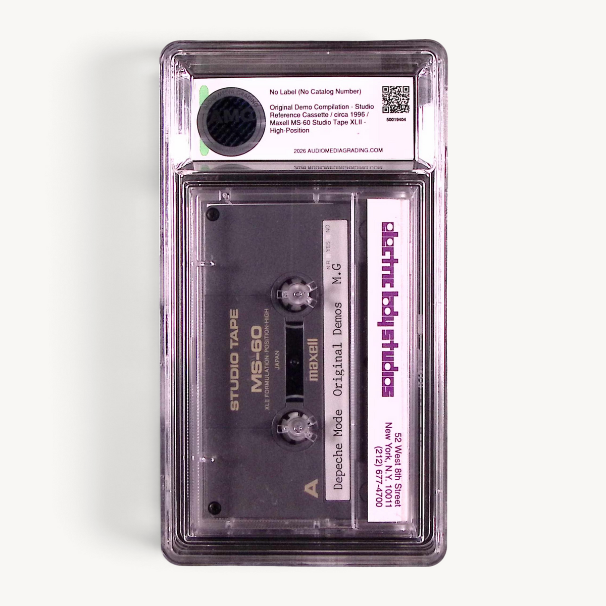 Depeche Mode Original Demos Maxell MS-60 studio cassette with Electric Lady Studios J-card spine, in AudioMediaGrading slab, back